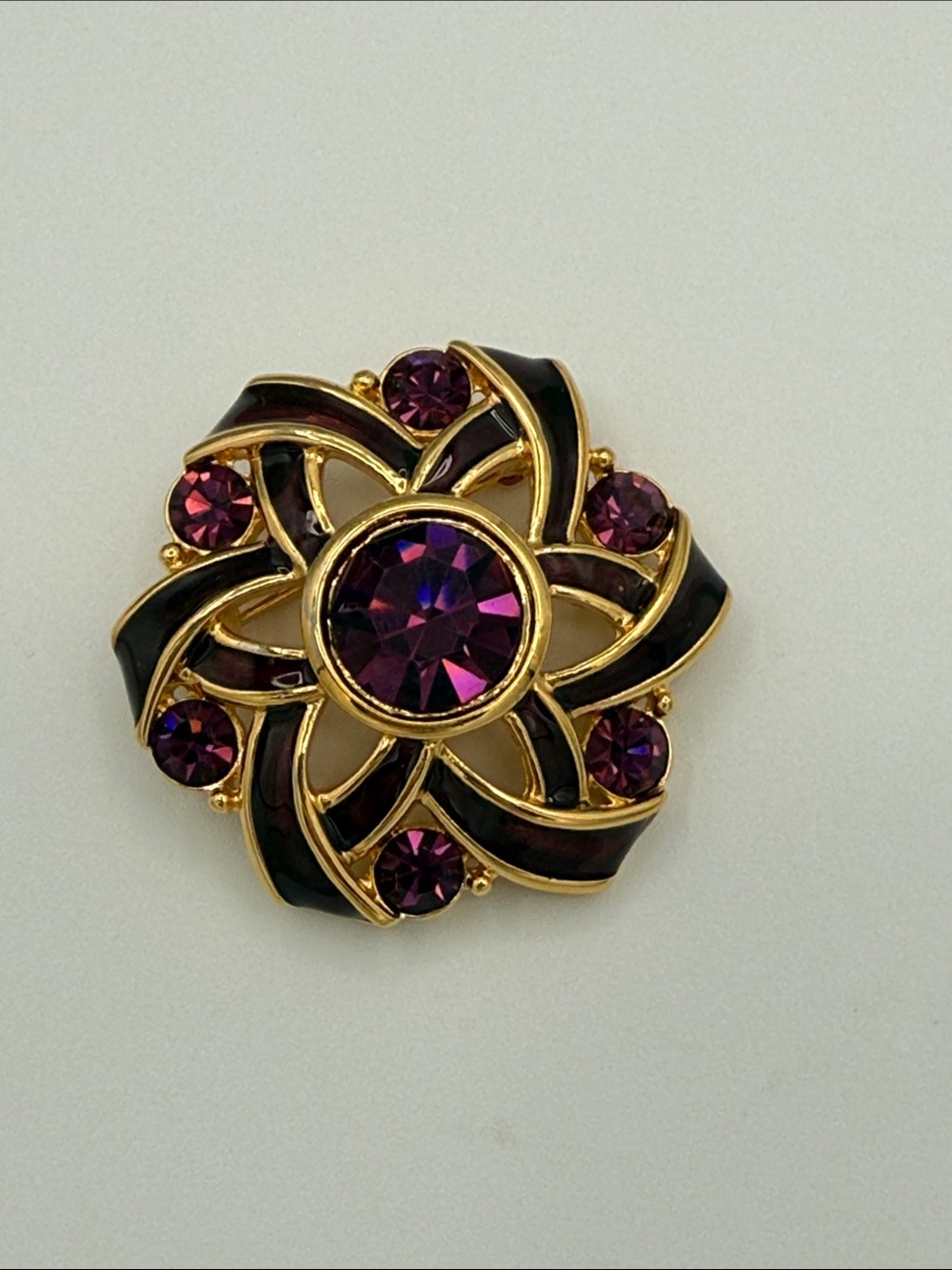 Vintage Napier Gold-Tone Purple Crystal Floral Brooch